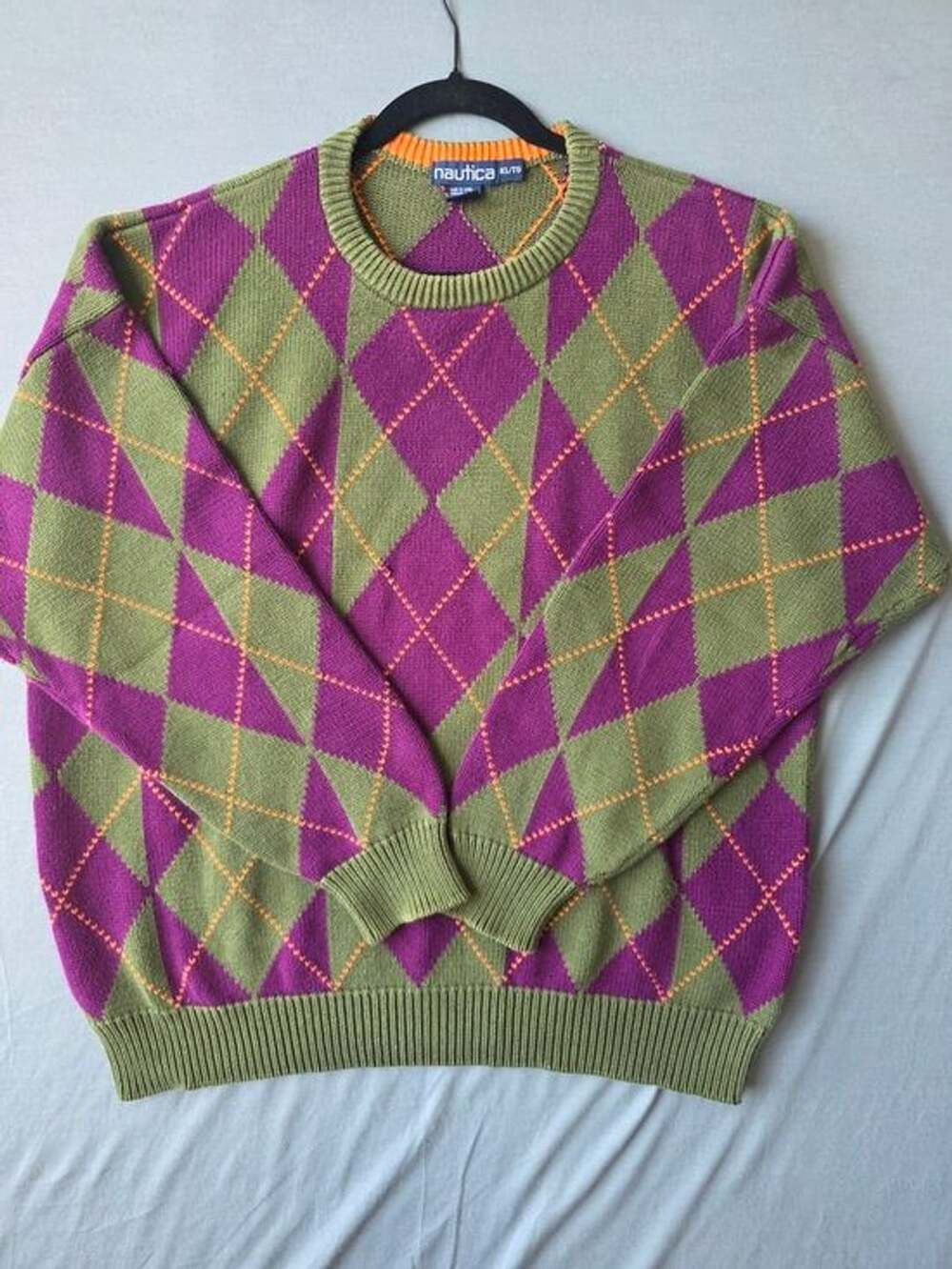 Nautica Argyle Sweater XL/TG Olive Green Purple Orange Preppy Y2K Crewneck